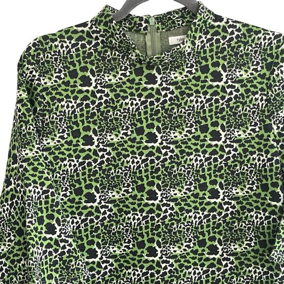 Tyler Boe Mindy Dress Sz M Mock Neck Jacquard Animal Print Flutter Sleeve Green - Picture 4 of 10
